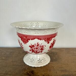 Vintage Red Rose Pedestal Planter Bowl | Ceramic Footed Compote